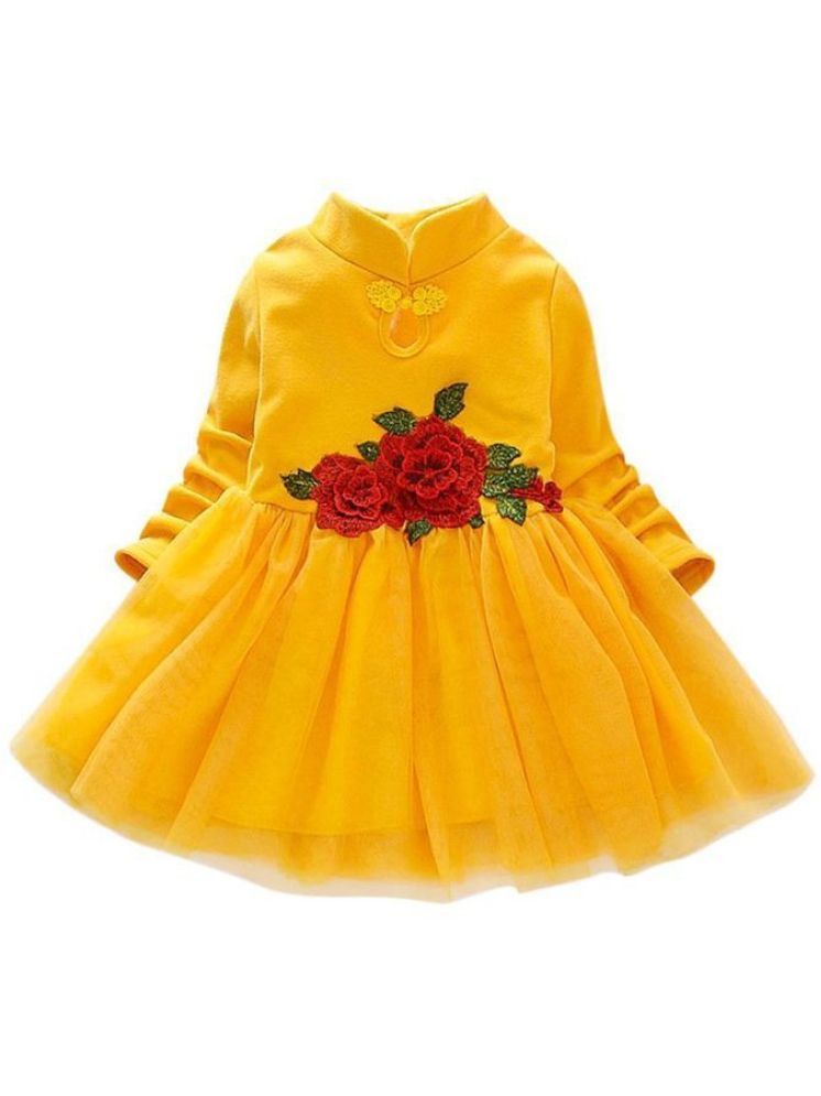     			Mullick the designer Yellow Net Girls Fit And Flare Dress ( Pack of 1 )