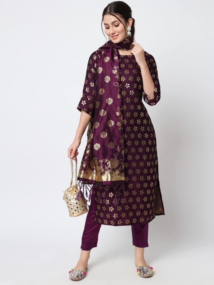     			VredeVogel Cotton Silk Embellished Kurti With Pants Women's Stitched Salwar Suit - Purple ( Pack of 1 )