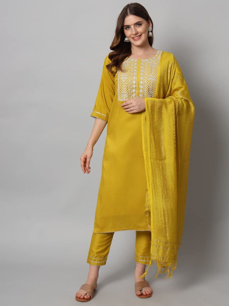     			VredeVogel Cotton Silk Embroidered Kurti With Pants Women's Stitched Salwar Suit - Yellow ( Pack of 1 )