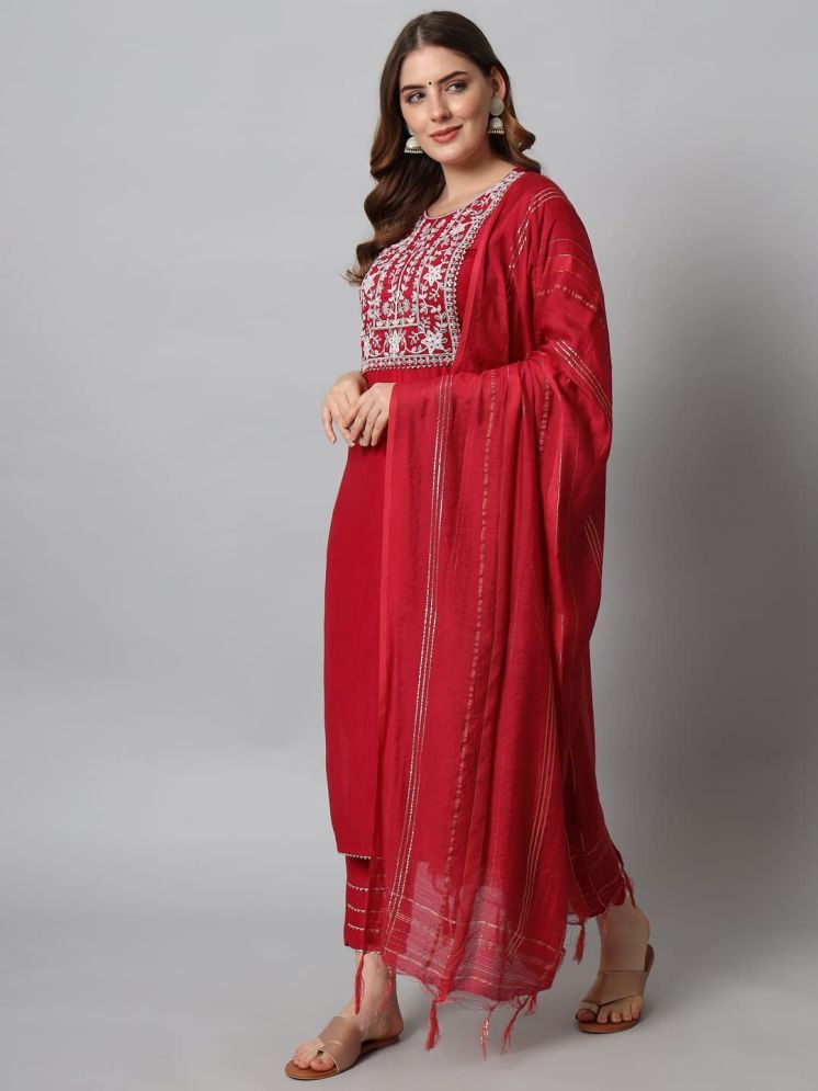     			VredeVogel Cotton Silk Embroidered Kurti With Pants Women's Stitched Salwar Suit - Red ( Pack of 1 )