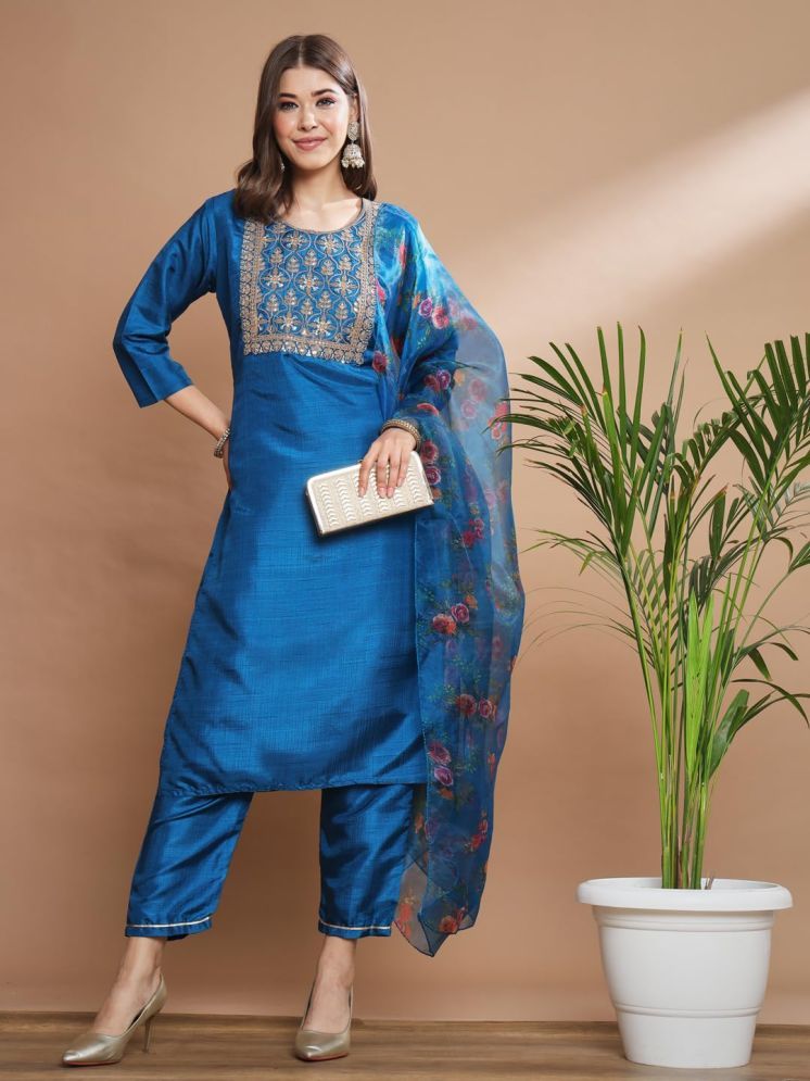     			VredeVogel Silk Blend Embroidered Kurti With Pants Women's Stitched Salwar Suit - Teal ( Pack of 1 )