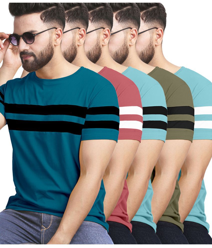     			AUSK Cotton Blend Regular Fit Striped Half Sleeves Men's T-Shirt - Green ( Pack of 5 )