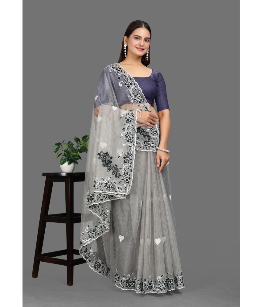     			Aika Net Embroidered Saree With Blouse Piece - Grey ( Pack of 1 )