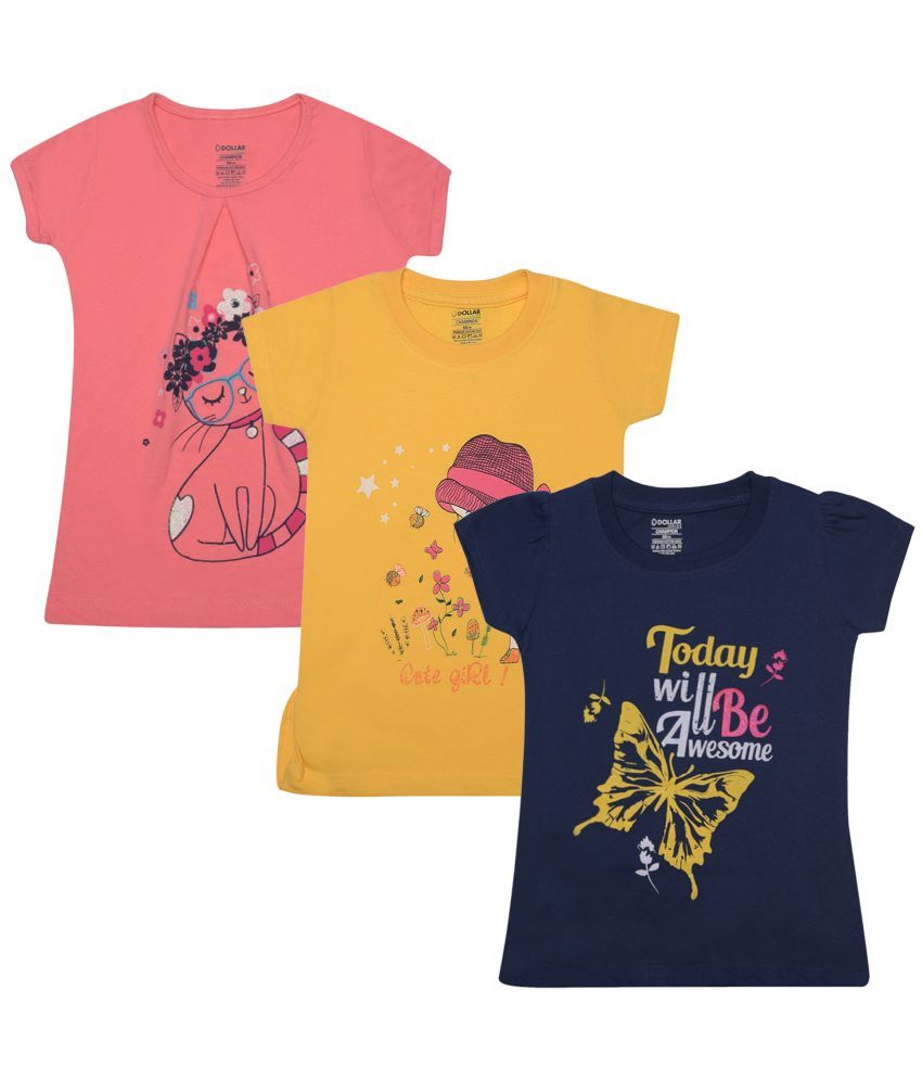     			Dollar Champion Kidswear Multicolor Cotton Girls T-Shirt ( Pack of 3 )