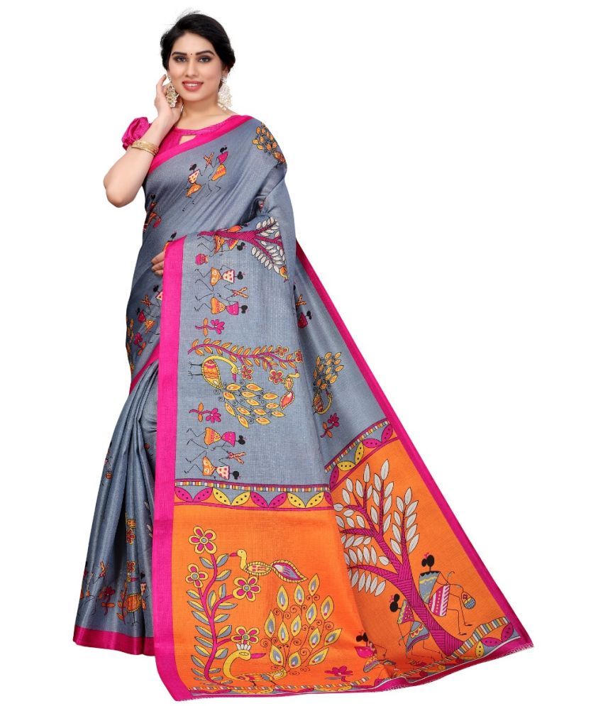     			Kanooda Prints Art Silk Printed Saree With Blouse Piece - Grey ( Pack of 1 )