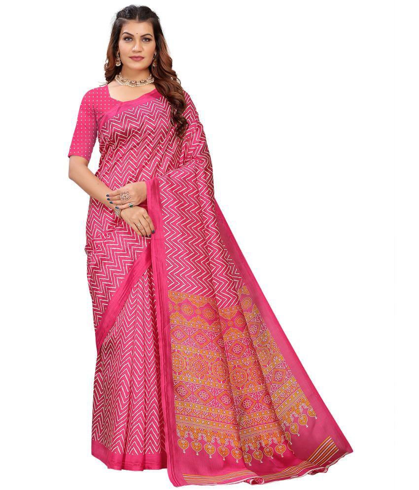    			Kanooda Prints Art Silk Printed Saree With Blouse Piece - Pink ( Pack of 1 )