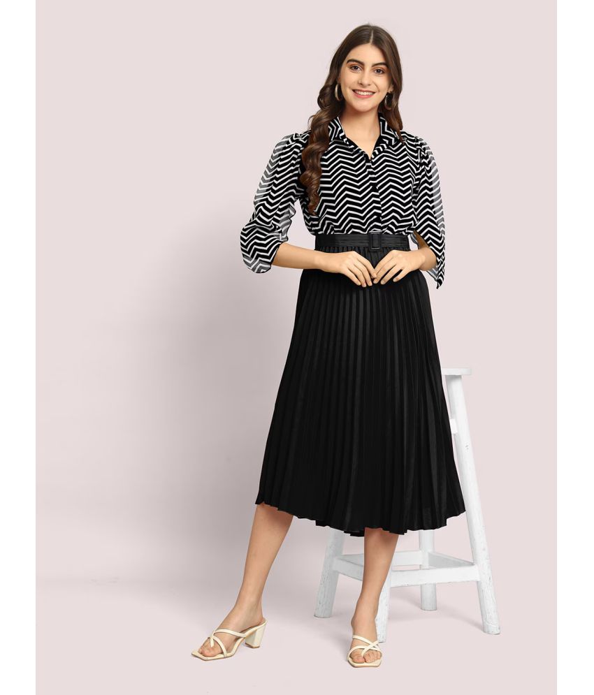     			Krunal Raiyani Polyester Printed Midi Women's Fit & Flare Dress - Black ( Pack of 1 )