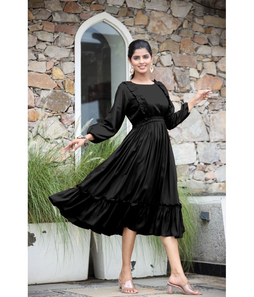     			Krunal Raiyani Polyester Solid Midi Women's Fit & Flare Dress - Black ( Pack of 1 )