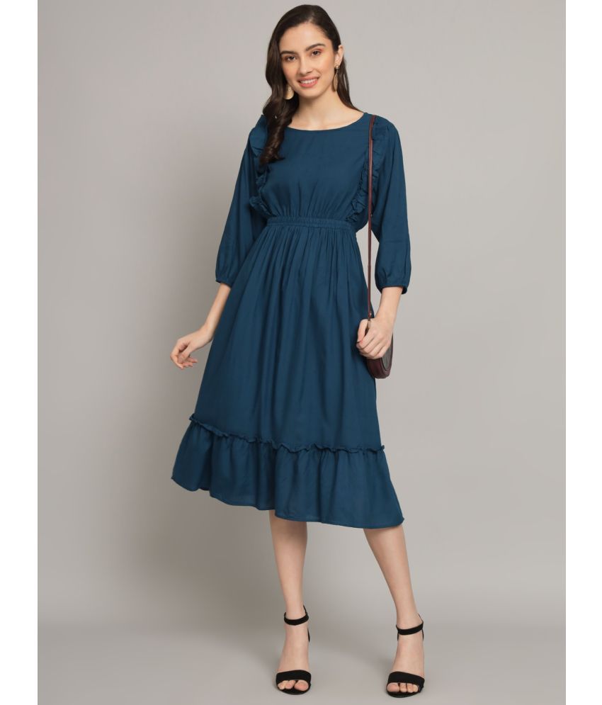    			Krunal Raiyani Polyester Solid Midi Women's Fit & Flare Dress - Blue ( Pack of 1 )