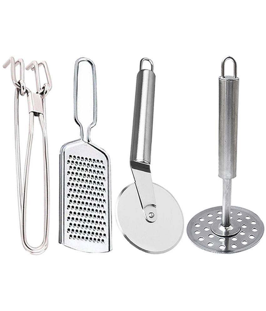     			OC9 Silver Stainless Steel Cheese Grater+Pakkad+Pizza Cutter+Masher ( Set of 4 )