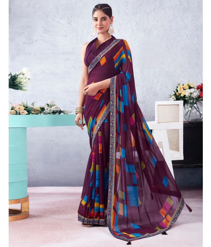     			Samah Chiffon Printed Saree With Blouse Piece - Wine ( Pack of 1 )