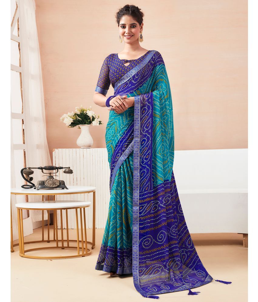     			Samah Chiffon Printed Saree With Blouse Piece - Teal ( Pack of 1 )