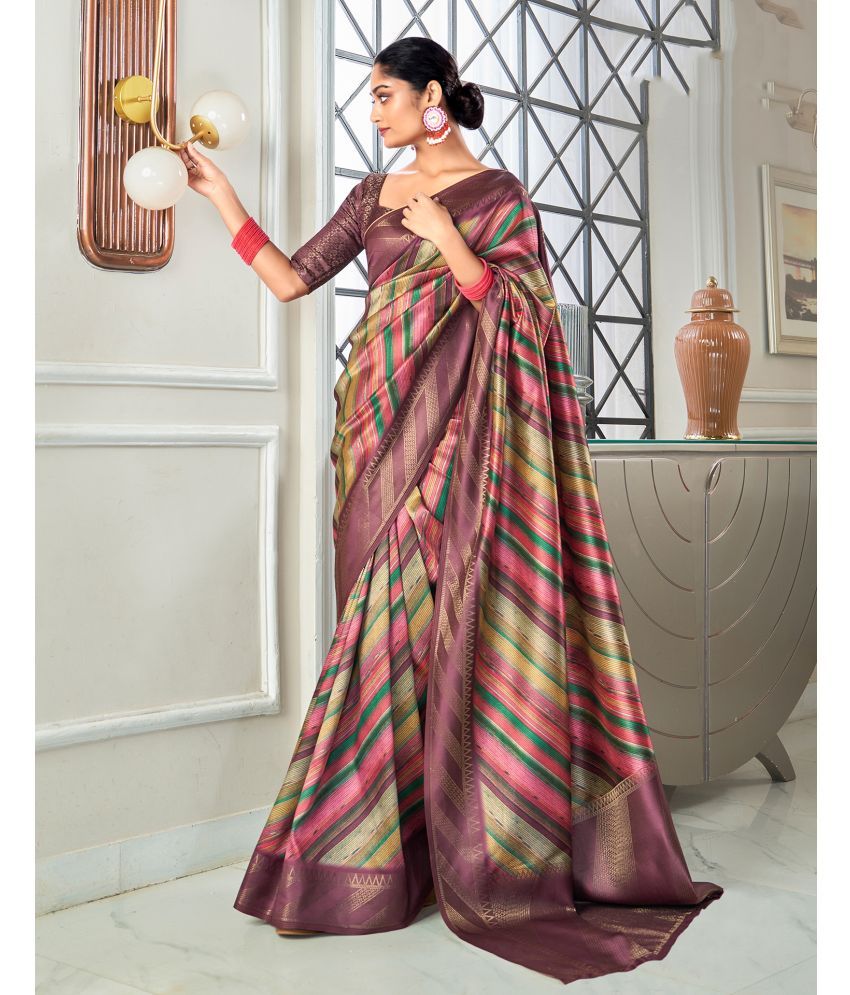     			Samah Silk Blend Printed Saree With Blouse Piece - Wine ( Pack of 1 )