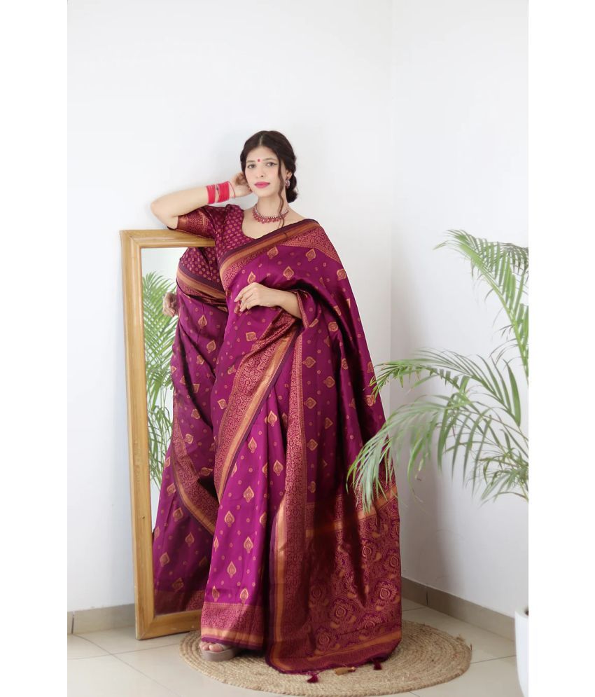     			Trijal Fab Jacquard Self Design Saree With Blouse Piece - Purple ( Pack of 1 )