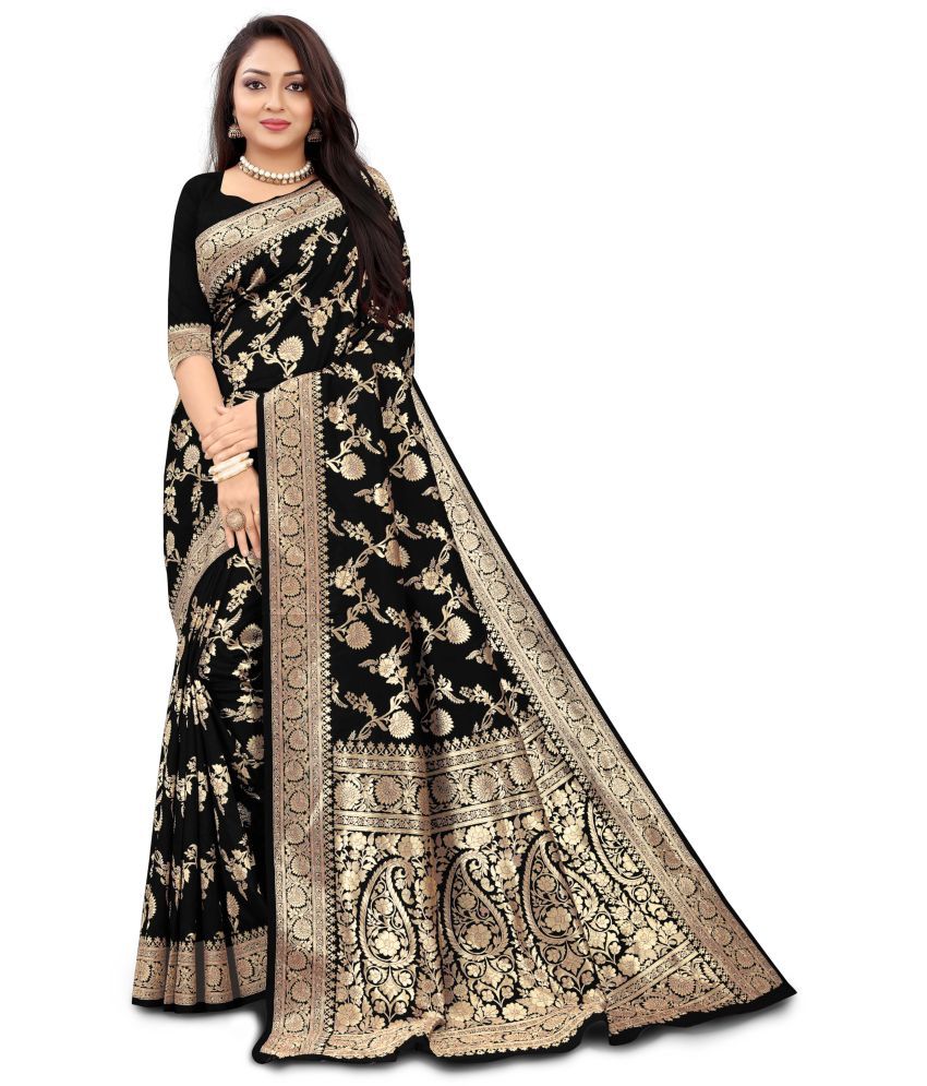     			Trijal Fab Jacquard Self Design Saree With Blouse Piece - Black ( Pack of 1 )