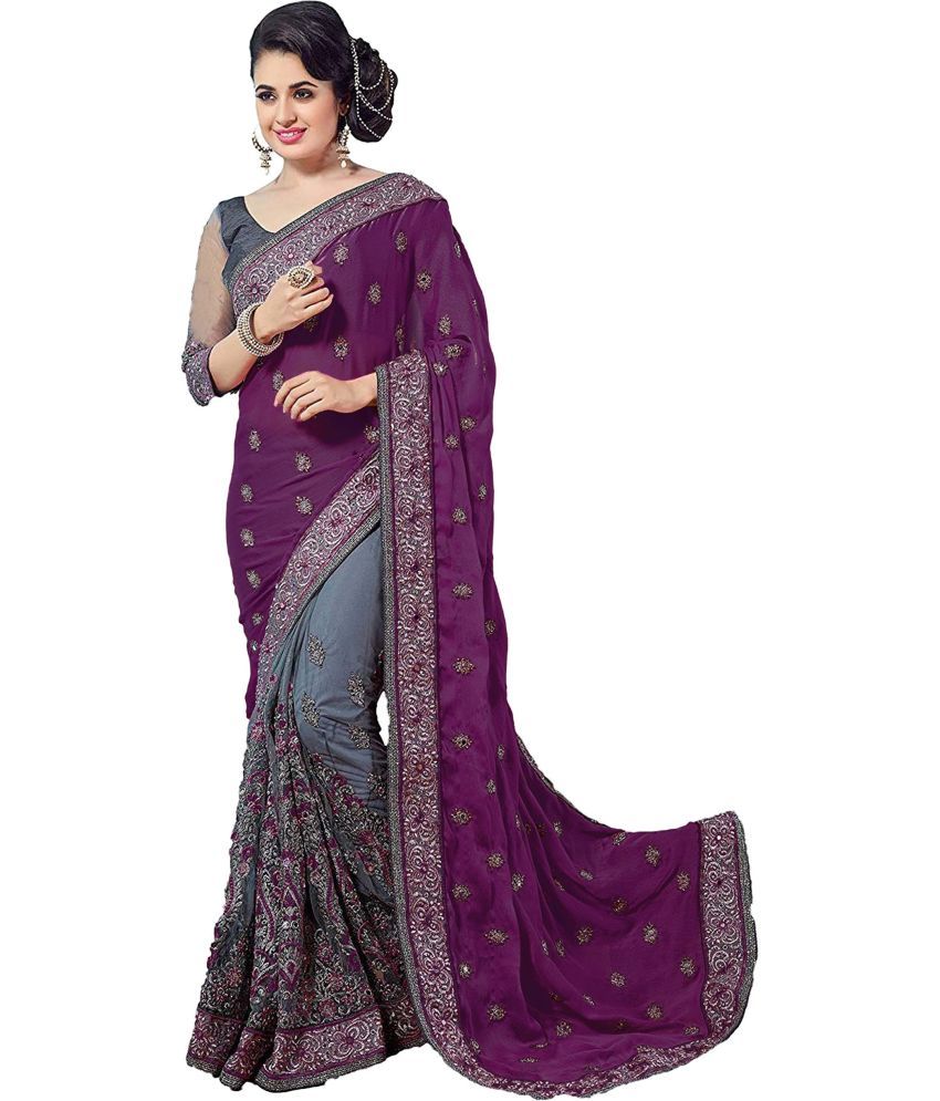     			Trijal Fab Silk Blend Embroidered Saree With Blouse Piece - Purple ( Pack of 1 )