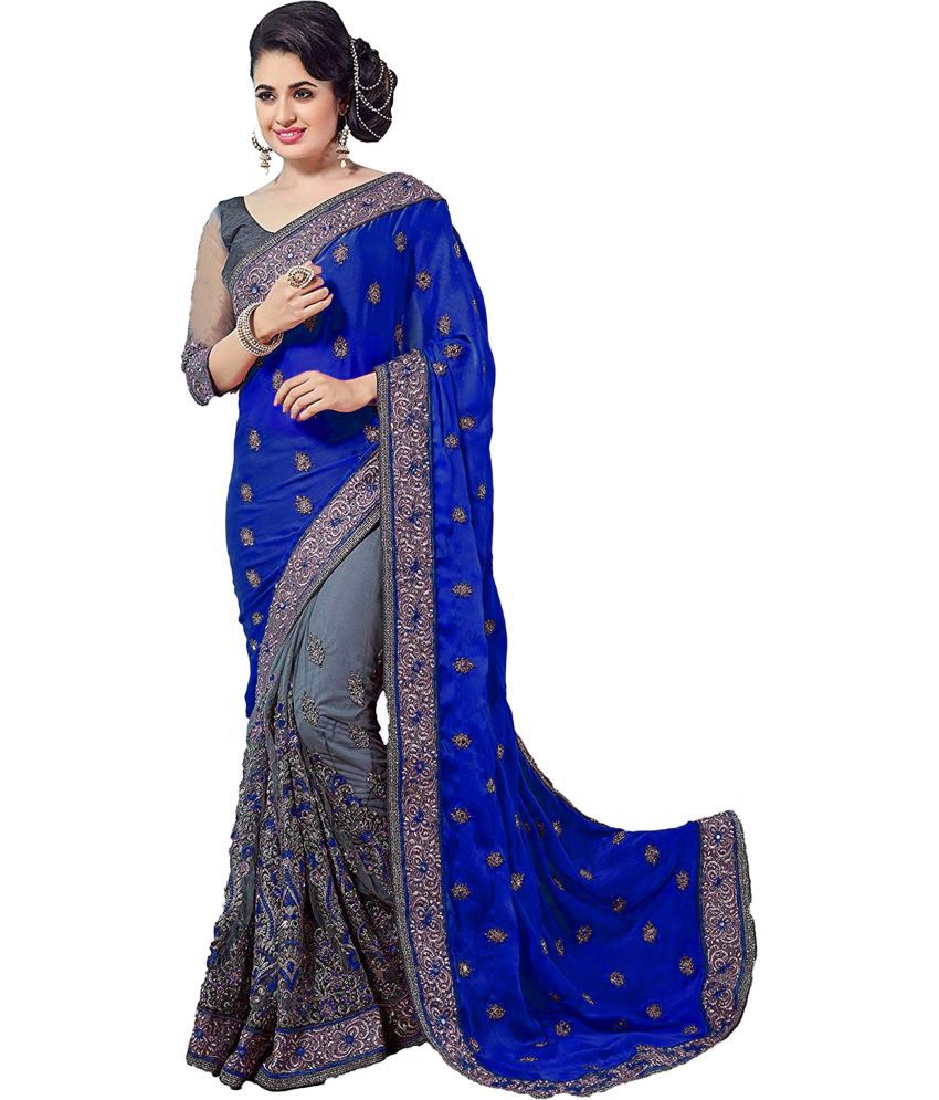     			Trijal Fab Silk Blend Embroidered Saree With Blouse Piece - Lightblue ( Pack of 1 )