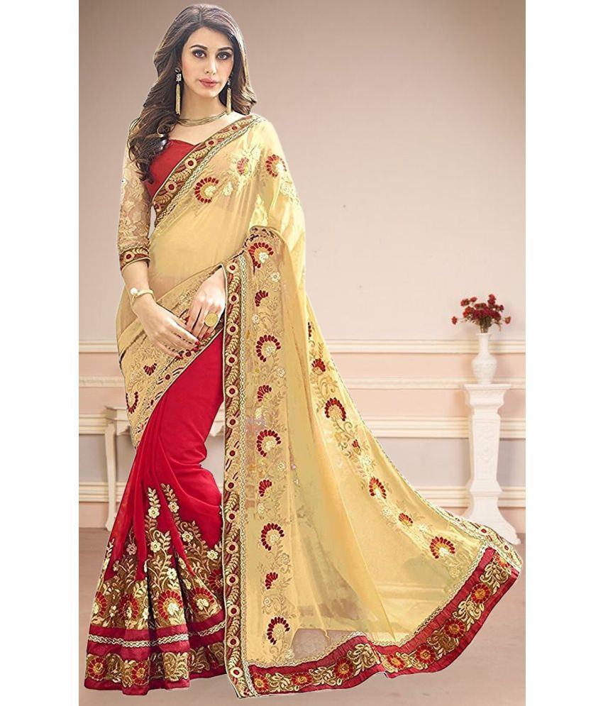     			Trijal Fab Silk Blend Embroidered Saree With Blouse Piece - Cream ( Pack of 1 )