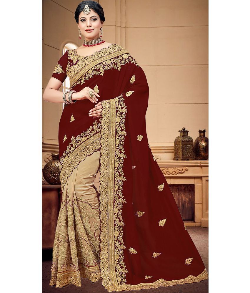     			Trijal Fab Silk Blend Embroidered Saree With Blouse Piece - Maroon ( Pack of 1 )