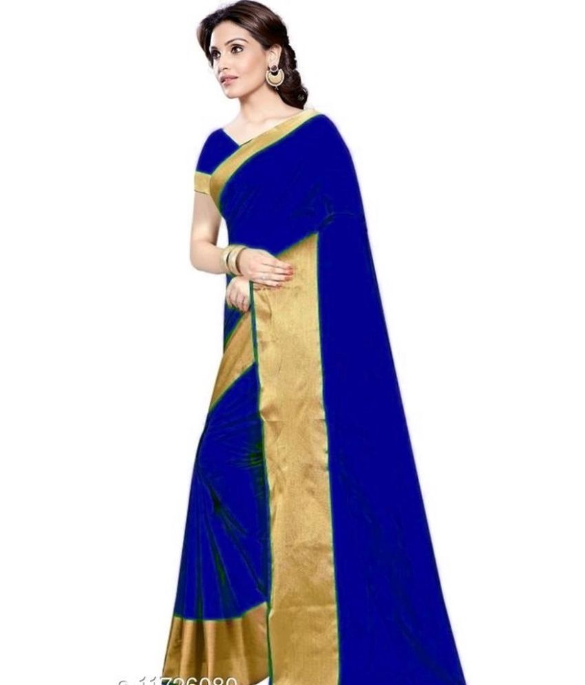     			Vkaran Cotton Silk Applique Saree Without Blouse Piece - Blue ( Pack of 1 )