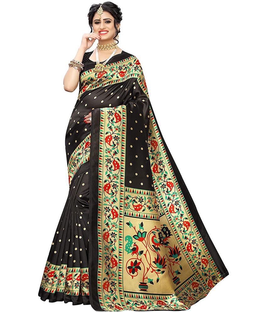     			Vkaran Cotton Silk Applique Saree Without Blouse Piece - Black ( Pack of 2 )