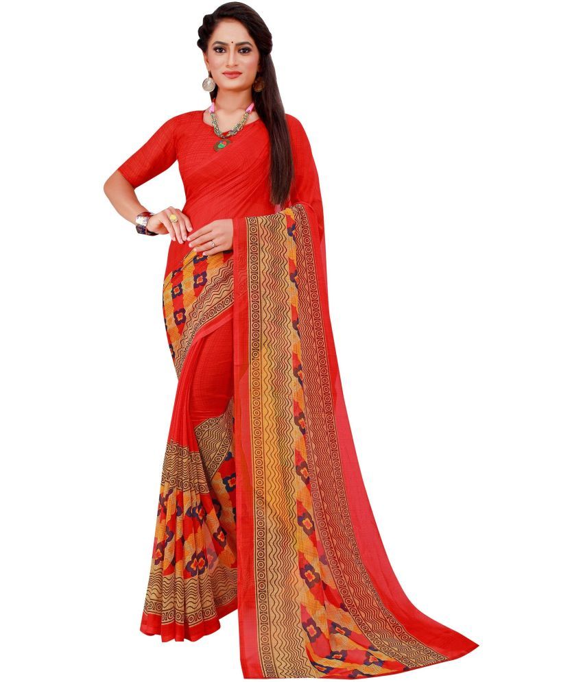     			Vkaran Cotton Silk Applique Saree Without Blouse Piece - Red ( Pack of 1 )