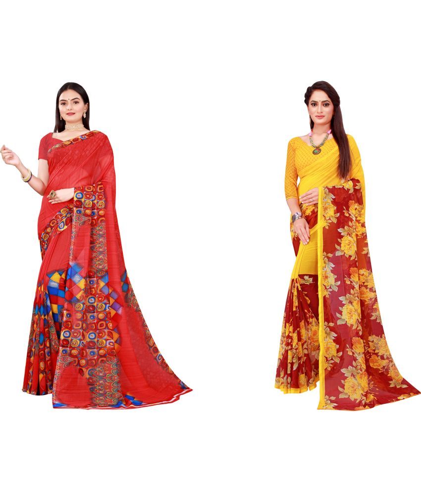     			Vkaran Cotton Silk Applique Saree Without Blouse Piece - Multicolor ( Pack of 2 )