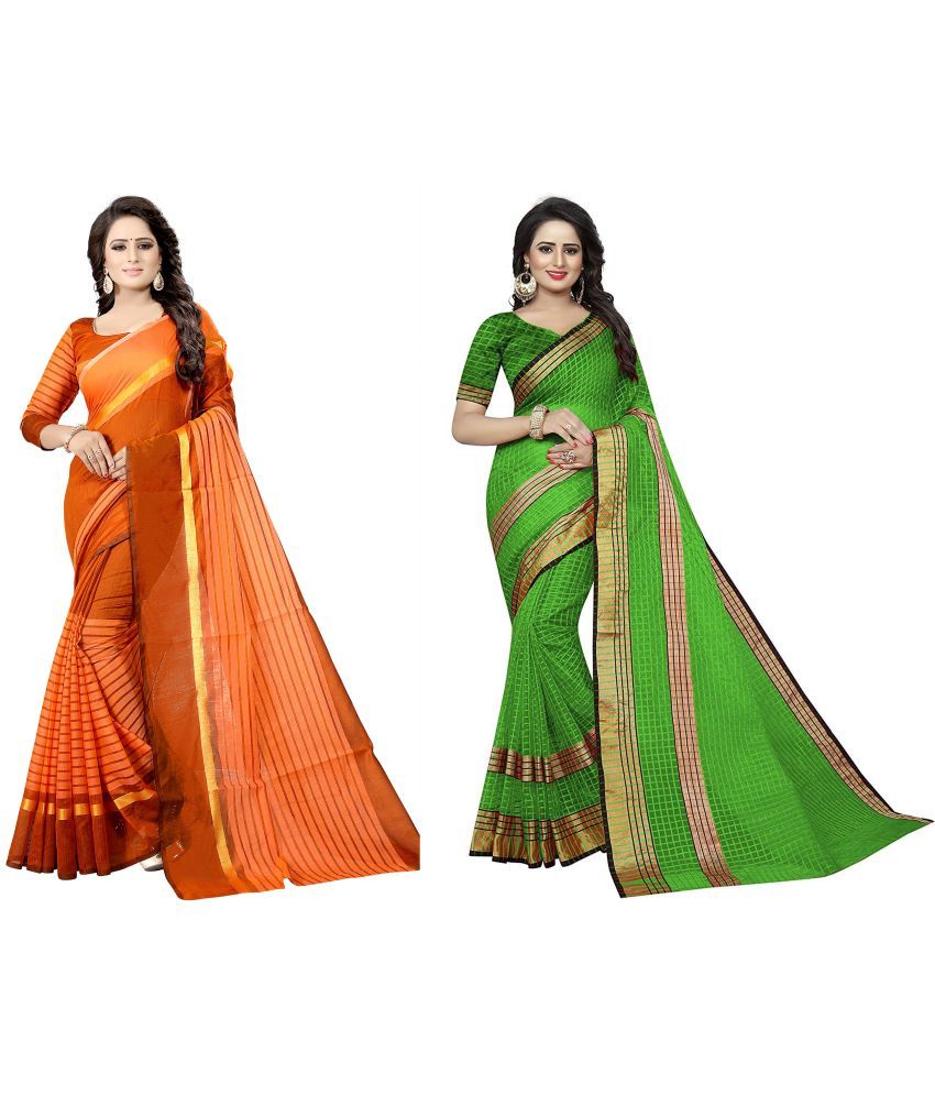     			Vkaran Cotton Silk Applique Saree Without Blouse Piece - Orange ( Pack of 2 )