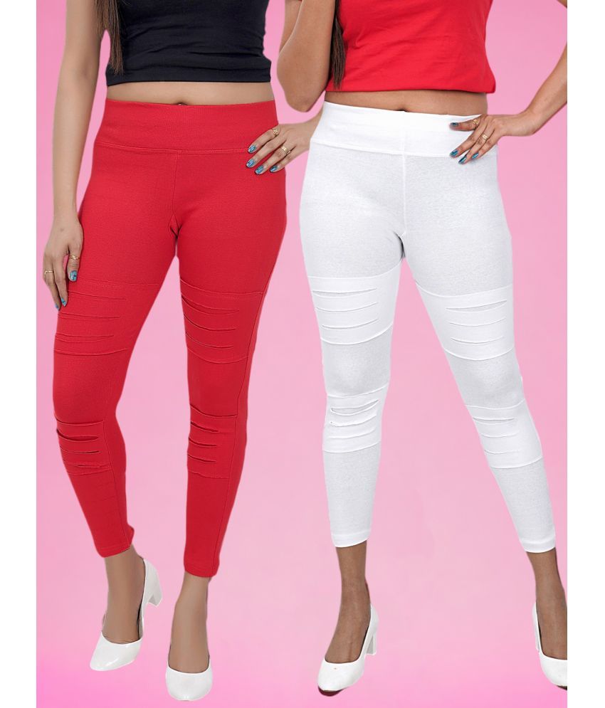     			Colorscube - White,Red Cotton Women's Leggings ( Pack of 2 )