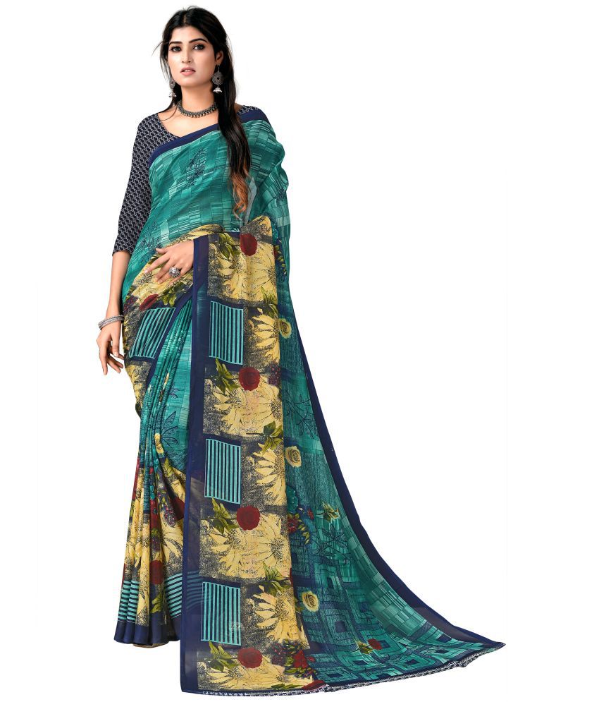     			Kanooda Prints Georgette Printed Saree With Blouse Piece - Teal ( Pack of 1 )