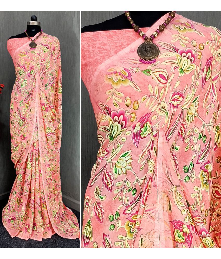     			Rekha Maniyar Georgette Printed Saree With Blouse Piece - Peach ( Pack of 1 )