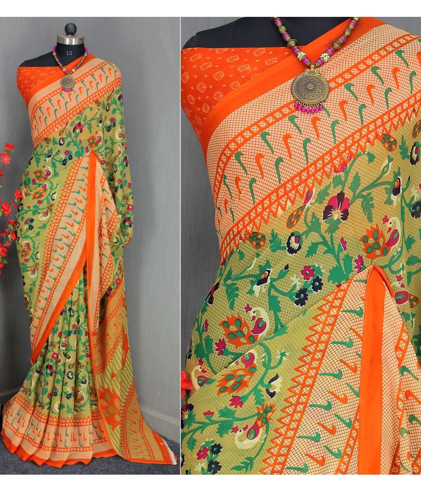     			Rekha Maniyar Georgette Printed Saree With Blouse Piece - Orange ( Pack of 1 )