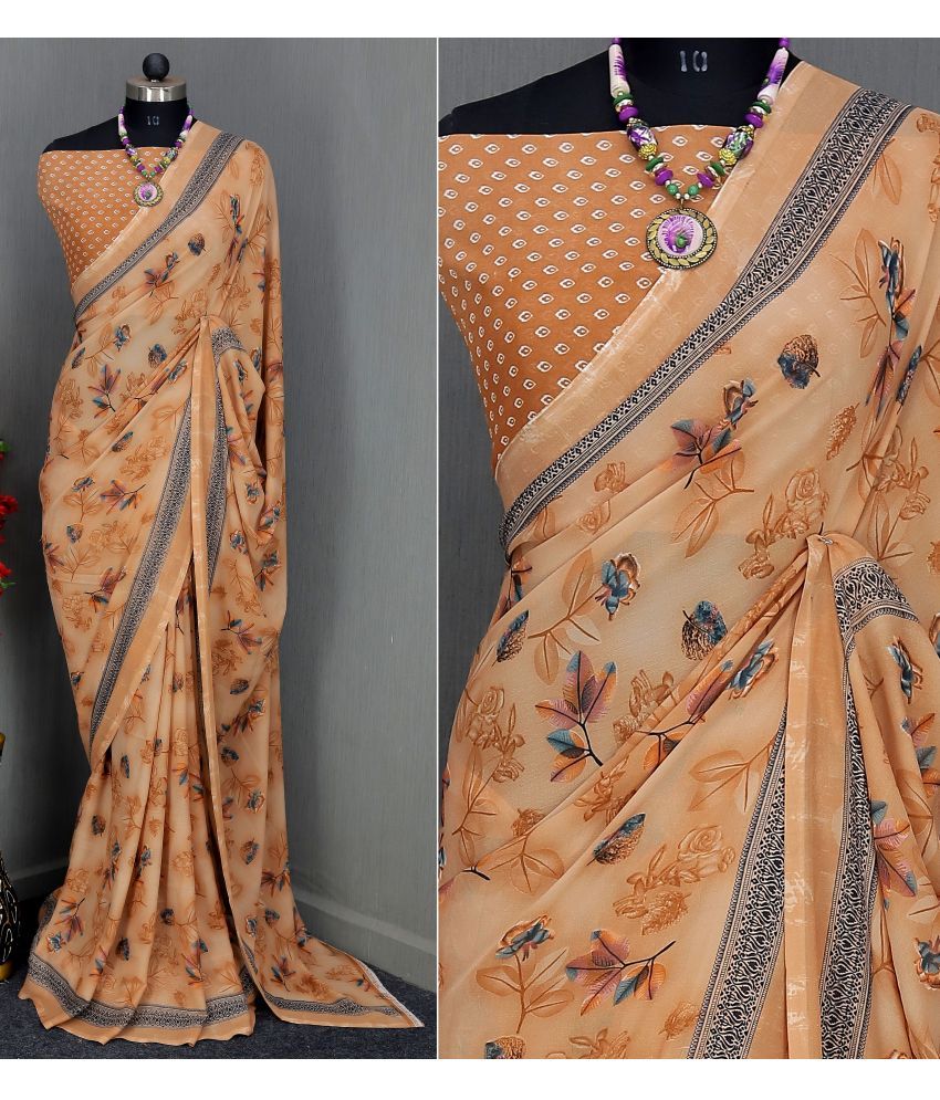     			Rekha Maniyar Georgette Printed Saree With Blouse Piece - Peach ( Pack of 1 )