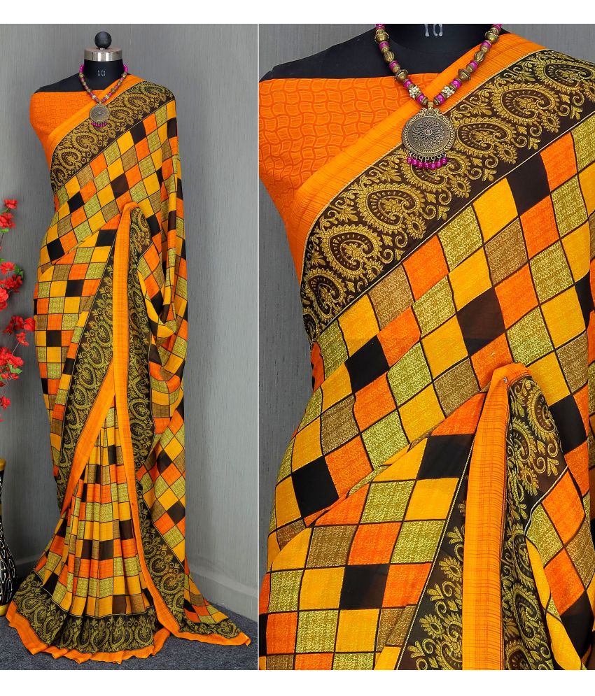     			Rekha Maniyar Georgette Printed Saree With Blouse Piece - Orange ( Pack of 1 )