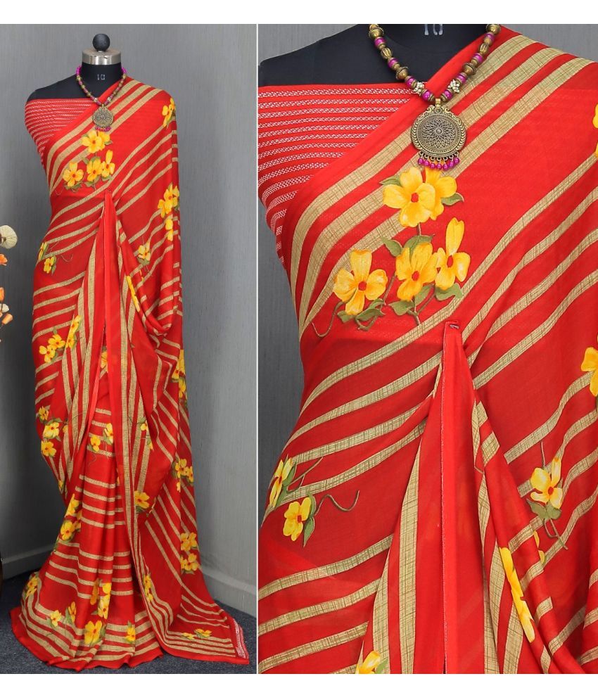     			Rekha Maniyar Georgette Printed Saree With Blouse Piece - Red ( Pack of 1 )