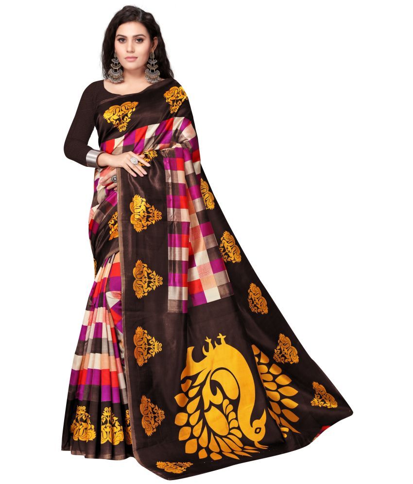     			Rekha Maniyar Silk Printed Saree With Blouse Piece - Brown ( Pack of 1 )