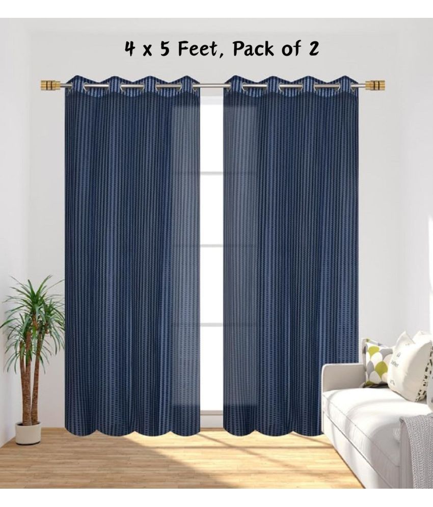     			SWIZIER Vertical Striped Semi-Transparent Eyelet Curtain 5 ft ( Pack of 2 ) - Blue