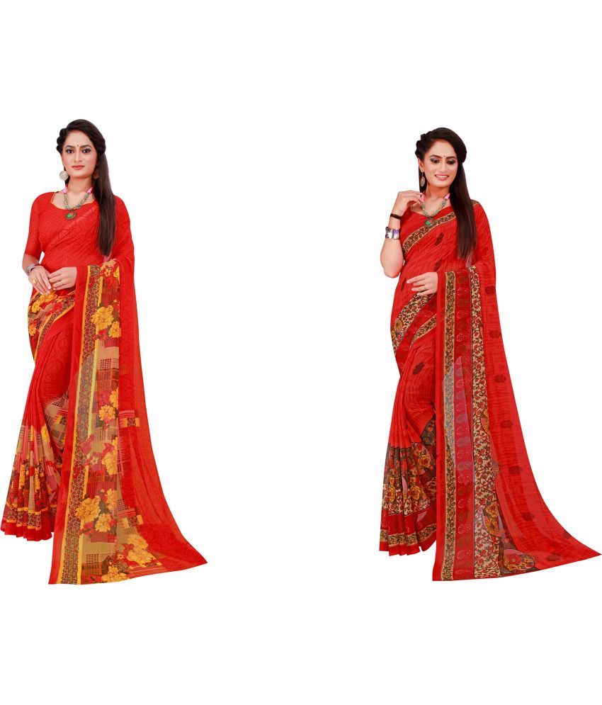     			Saadhvi Cotton Silk Applique Saree Without Blouse Piece - Red ( Pack of 2 )