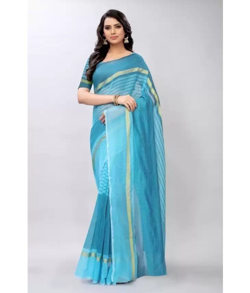     			Saadhvi Cotton Silk Applique Saree Without Blouse Piece - Blue ( Pack of 1 )