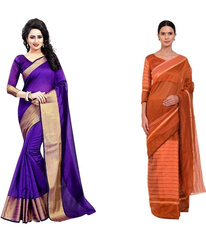     			Saadhvi Cotton Silk Applique Saree Without Blouse Piece - Purple ( Pack of 2 )