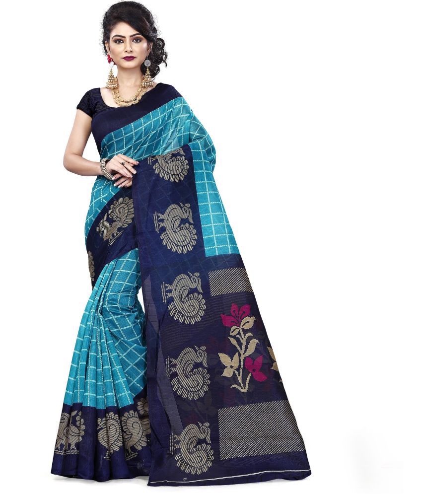     			Saadhvi Cotton Silk Embellished Saree Without Blouse Piece - Blue ( Pack of 1 )