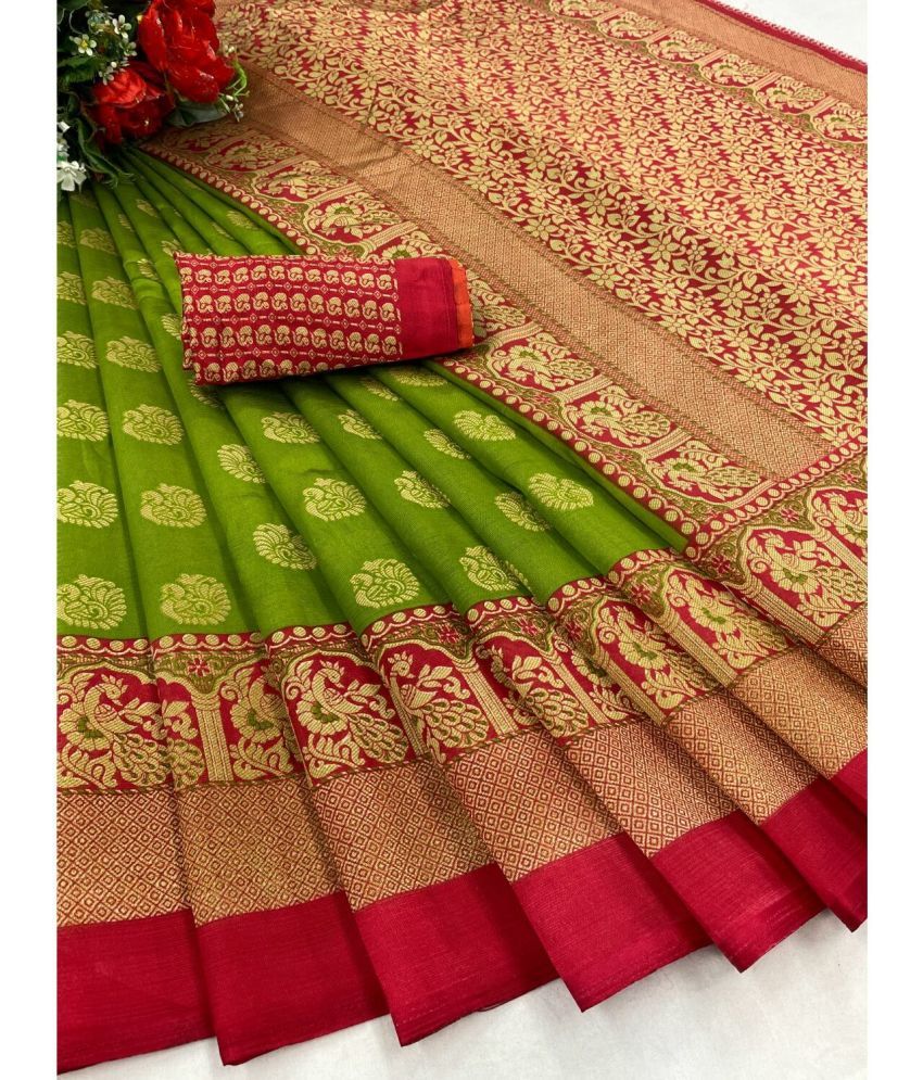     			Saadhvi Cotton Silk Embellished Saree Without Blouse Piece - Green ( Pack of 1 )