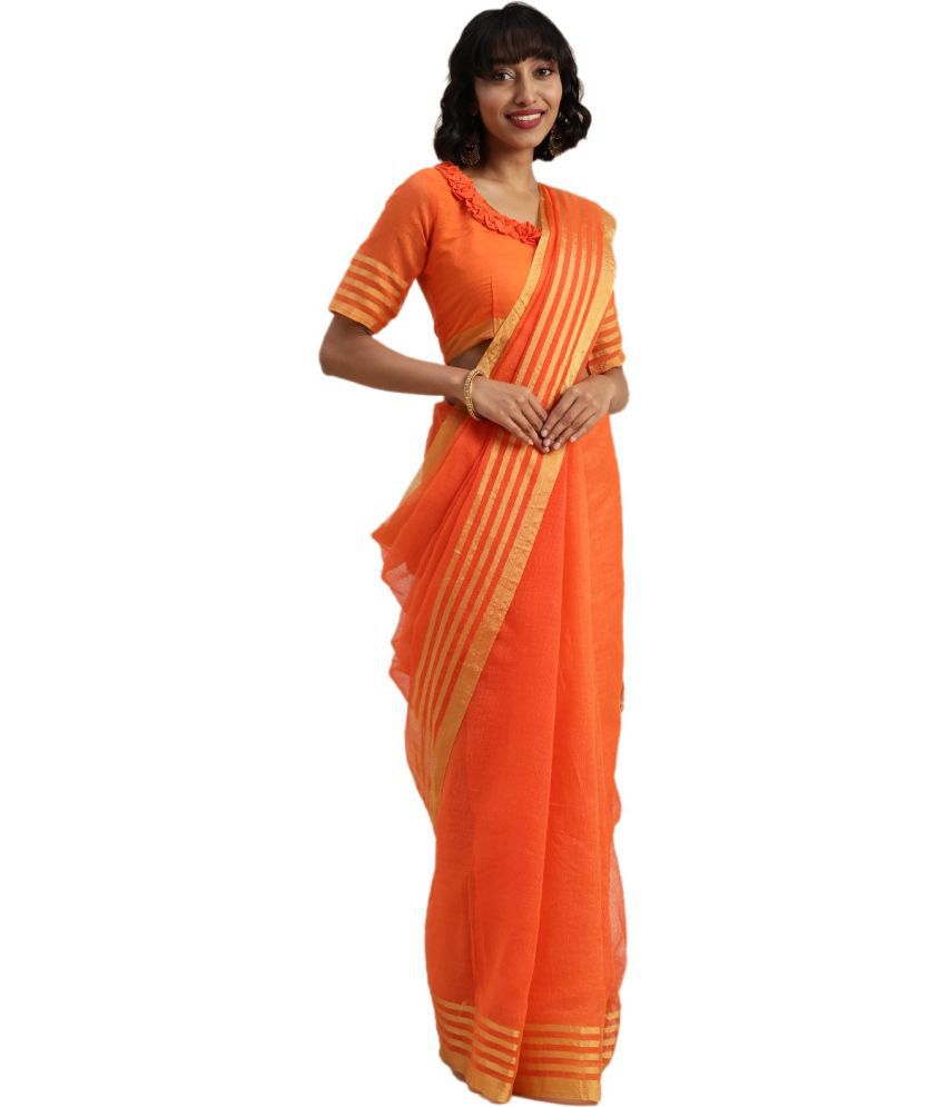     			Saadhvi Cotton Silk Printed Saree Without Blouse Piece - Orange ( Pack of 1 )