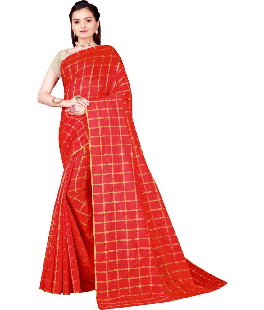     			Saadhvi Cotton Silk Self Design Saree Without Blouse Piece - Red ( Pack of 1 )