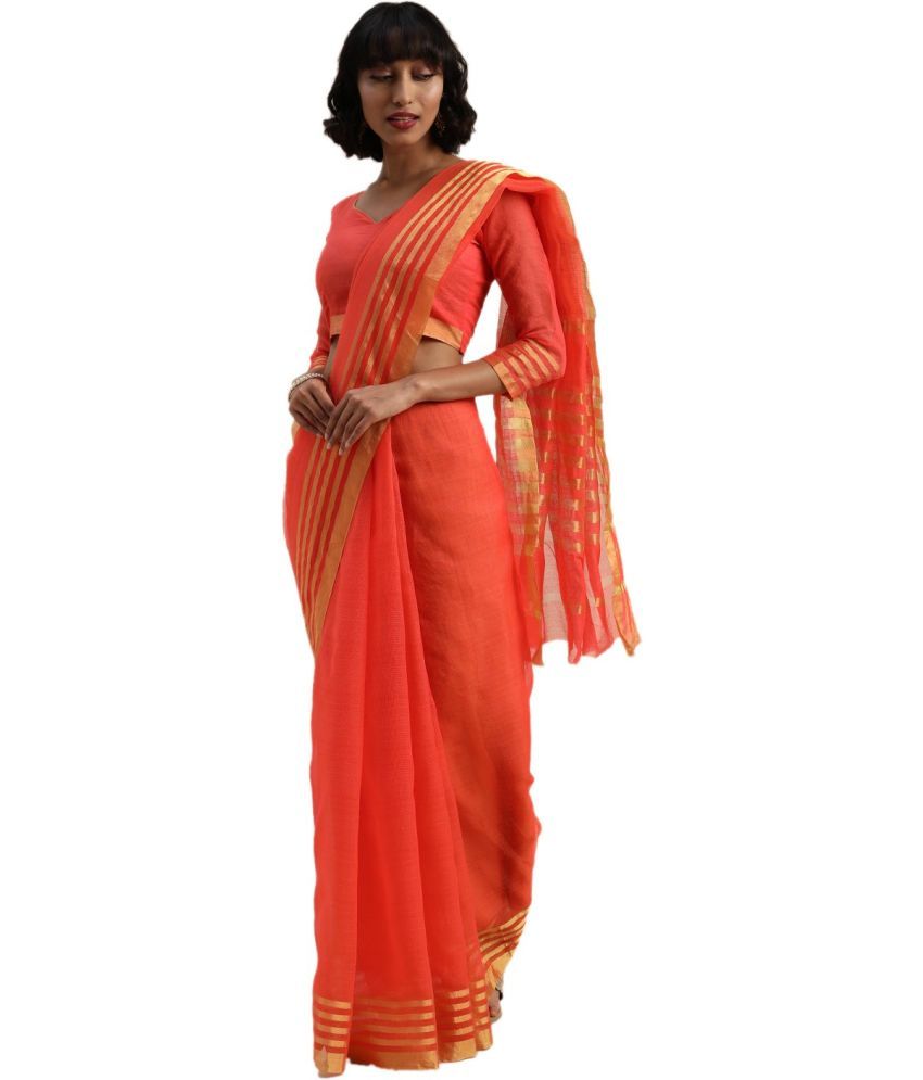     			Saadhvi Cotton Silk Woven Saree Without Blouse Piece - Orange ( Pack of 1 )