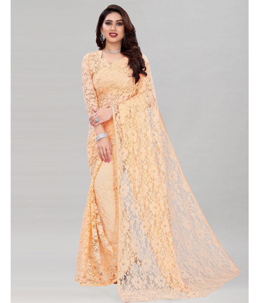     			Saadhvi Net Cut Outs Saree Without Blouse Piece - Beige ( Pack of 1 )