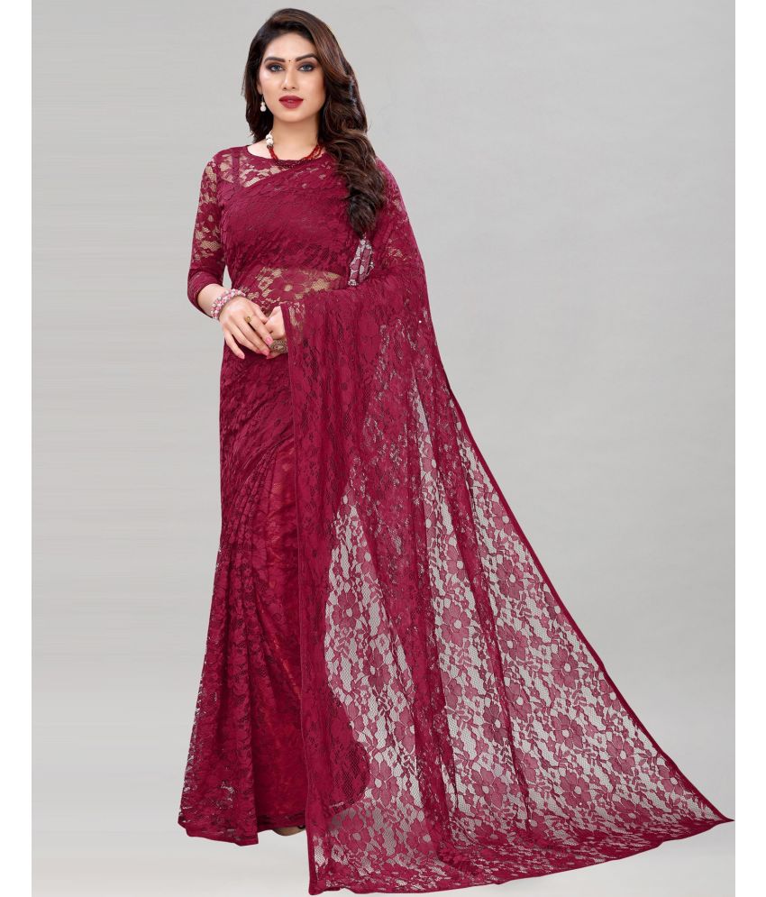     			Saadhvi Net Cut Outs Saree Without Blouse Piece - Maroon ( Pack of 1 )