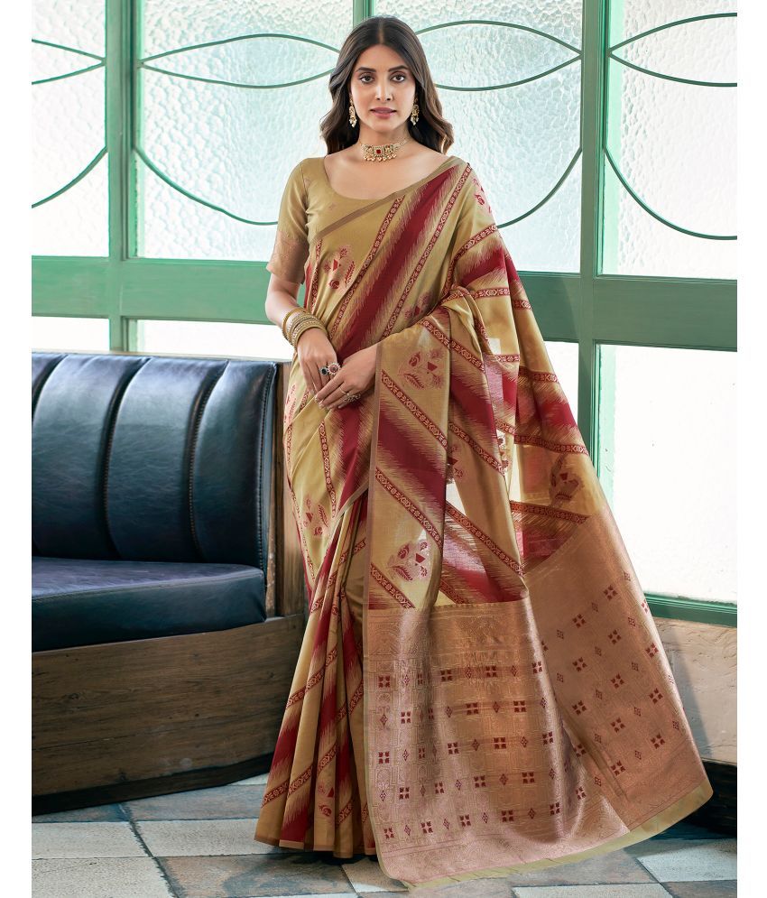     			Samah Silk Blend Woven Saree With Blouse Piece - Beige ( Pack of 1 )