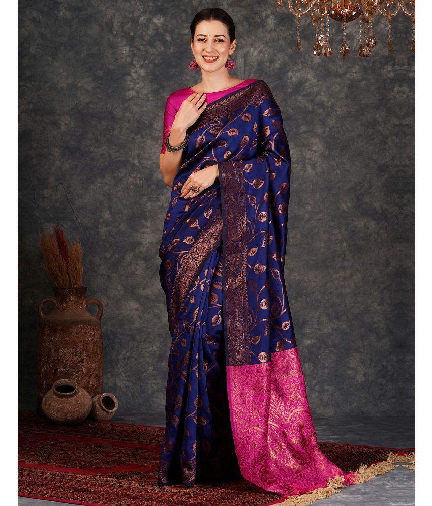     			Samah Silk Woven Saree With Blouse Piece - Navy Blue ( Pack of 1 )