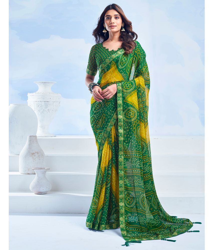     			Satrani Chiffon Printed Saree With Blouse Piece - Green ( Pack of 1 )